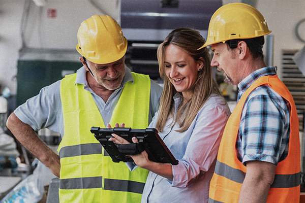 Two men in hard hats and safety vests stand on either side of a woman holding a tablet. All three look at the tablet in a work conversation.