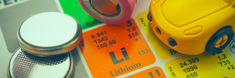 Image of Lithium's entry on a periodic table, surrounded by a toy car, a AA battery, and a button batttery.