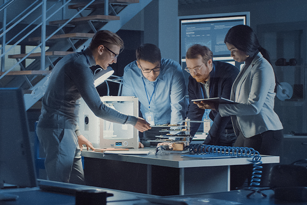 Four coworkers surrounded by screens stand at a worktable, examining a series of components.