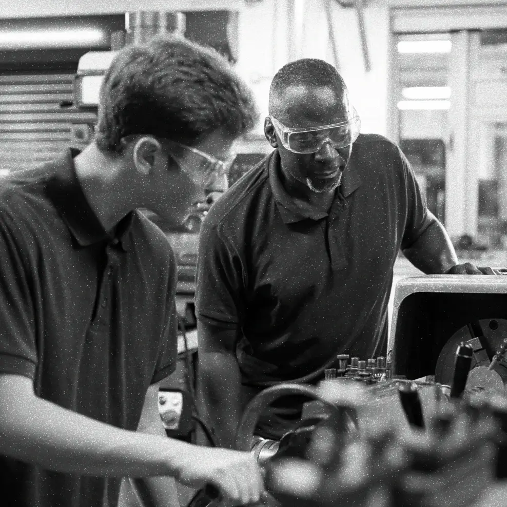 A Manufacturing Business Advisor helps train an employee on standards to improve safety on the factory floor. 