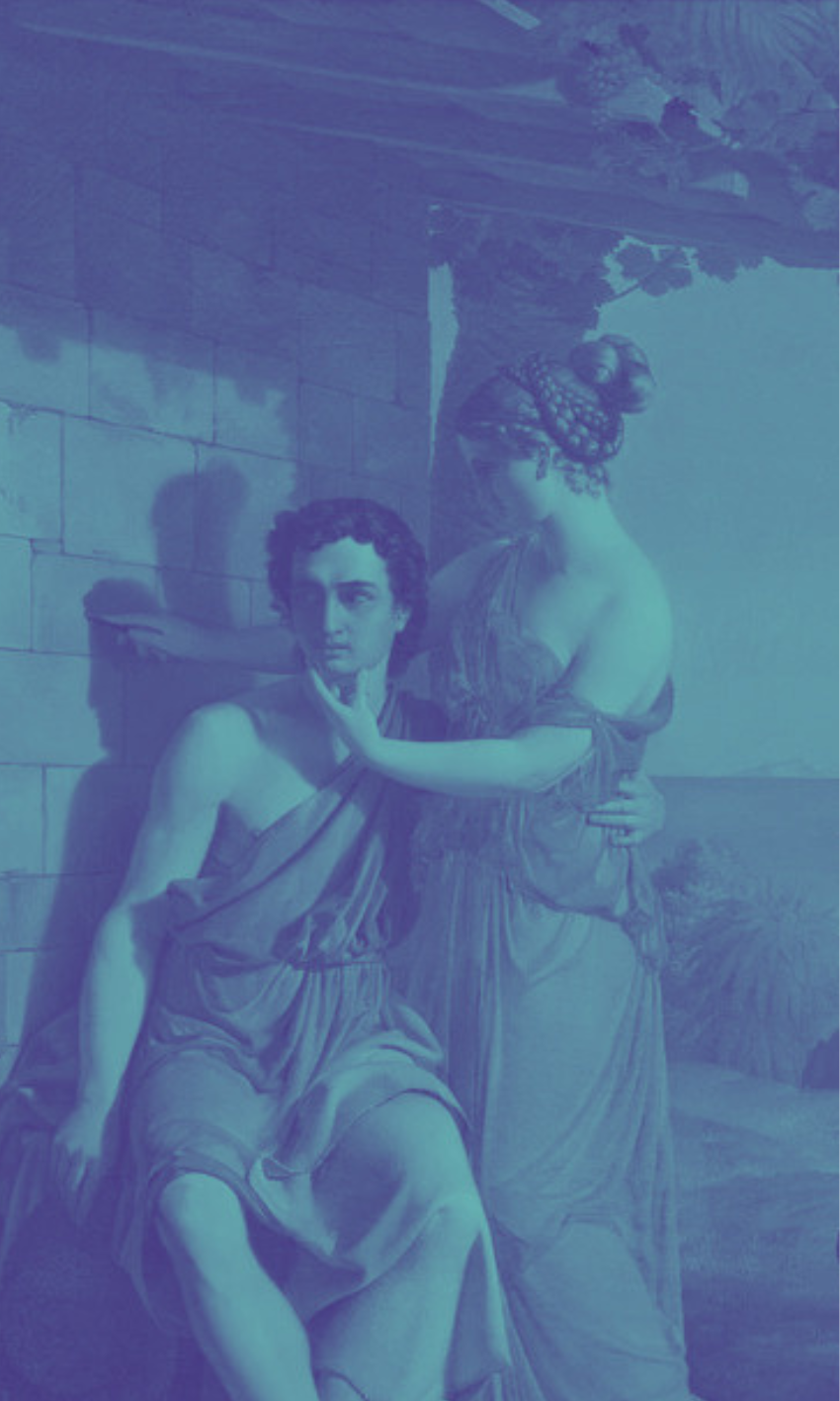 Classical-style painting of man and woman by a stone wall with sailboats in the background.