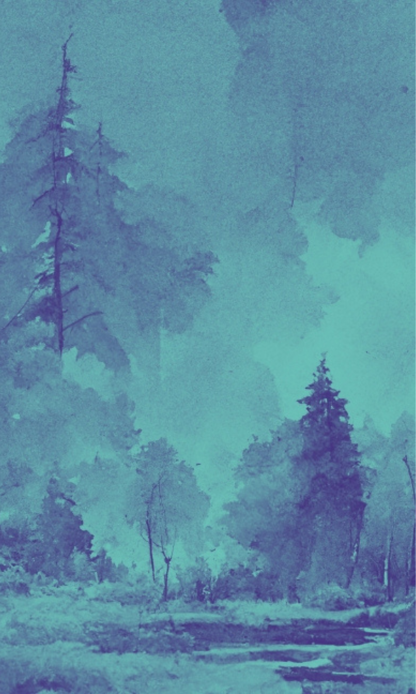 Blue-toned watercolor painting of a dense forest with tall trees and bushes.