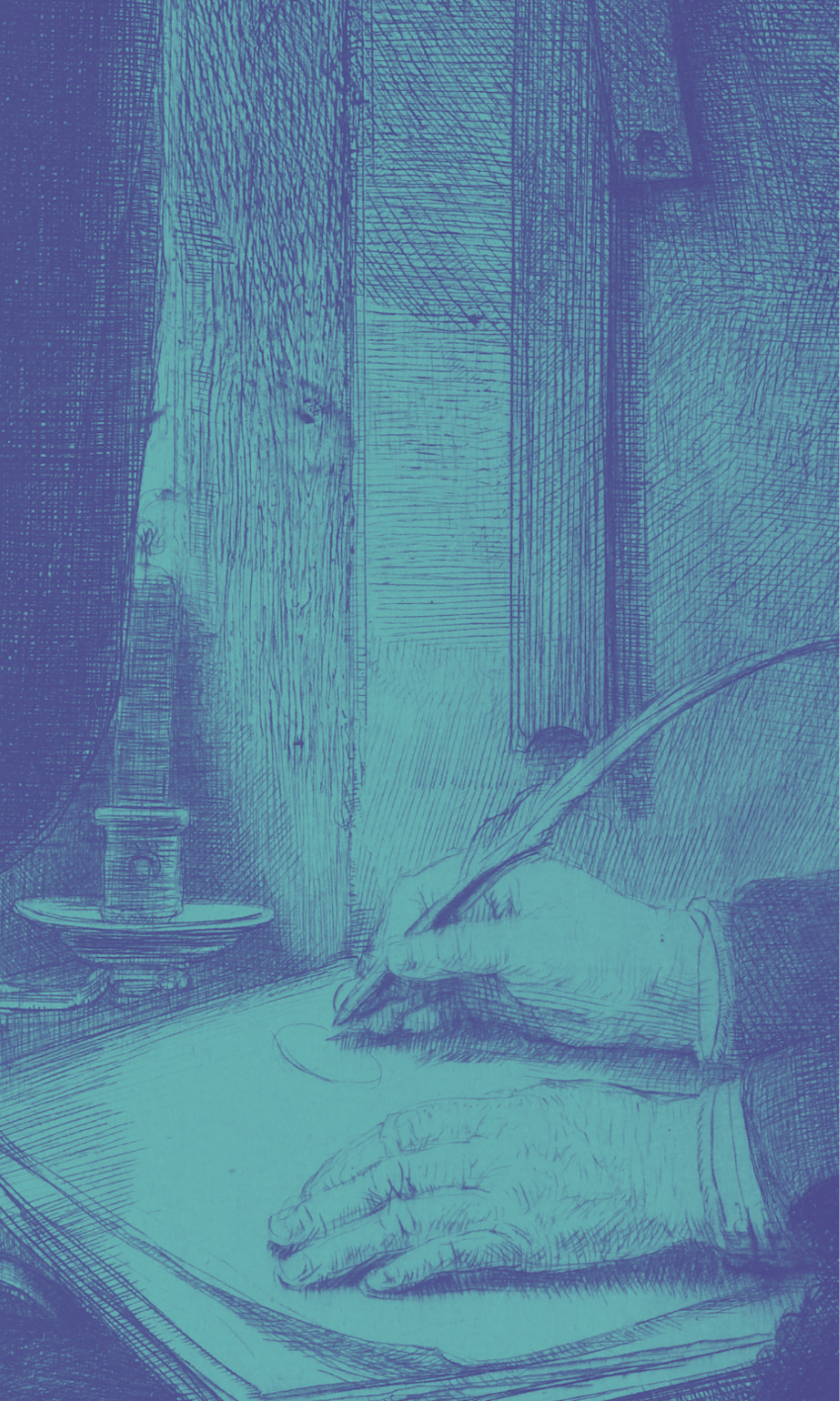 Sketch of a person writing with a quill pen on paper at a desk with an ink pot.