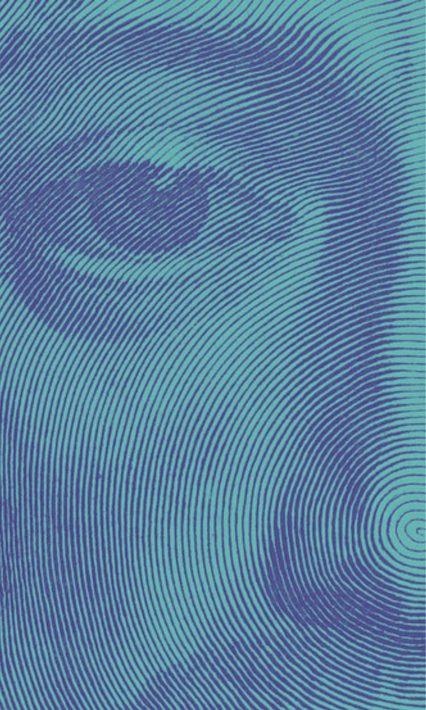 Close-up of a blue fingerprint pattern with visible ridge details and whorl in lower right corner.
