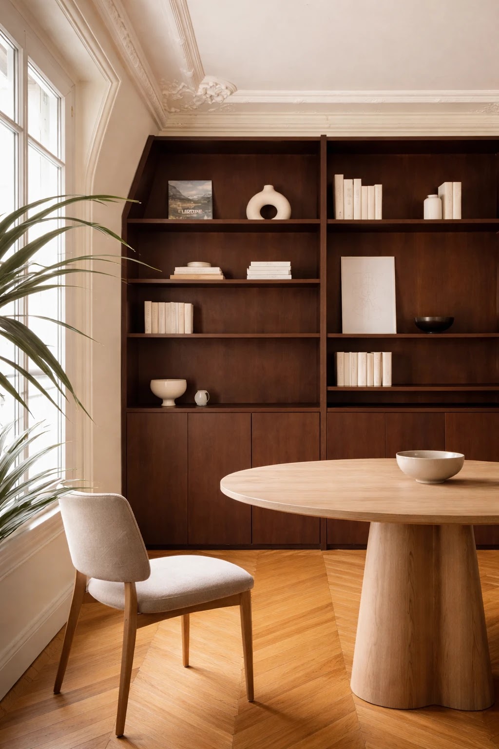 Salle à manger avec bibliothèque en bois sur mesure, parquet en point de Hongrie et moulures