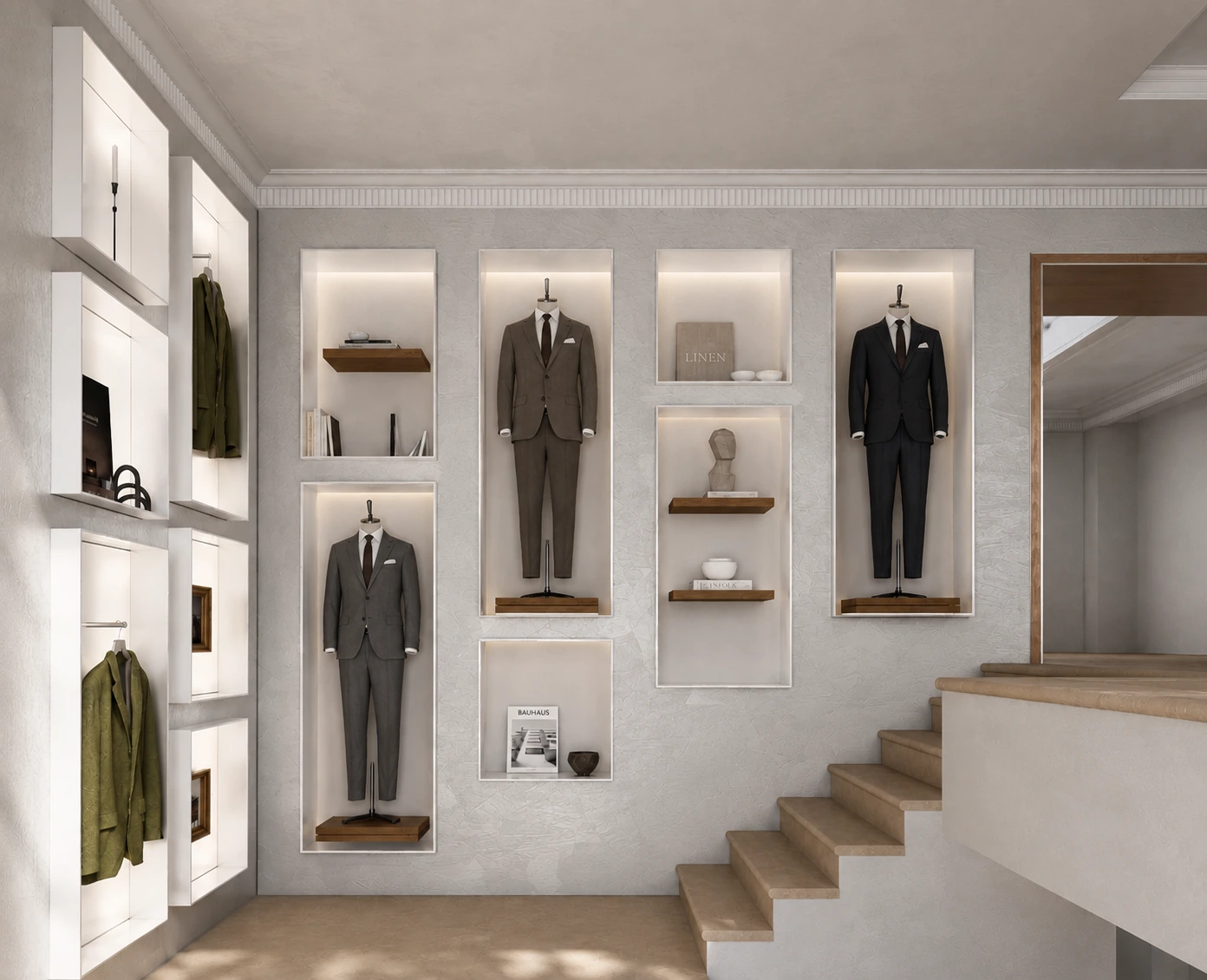 Visualisation 3D de la boutique François 1er avec présentoirs sur mesure et escalier
