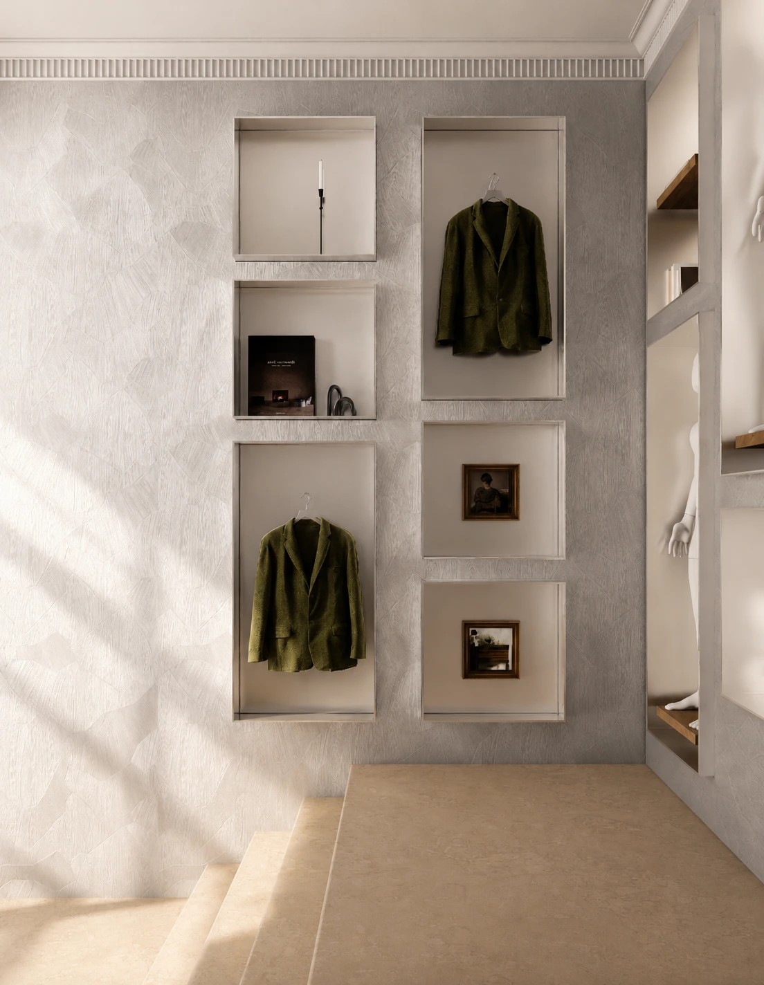 Visualisation 3D verticale des présentoirs et de l’escalier de la boutique François 1er