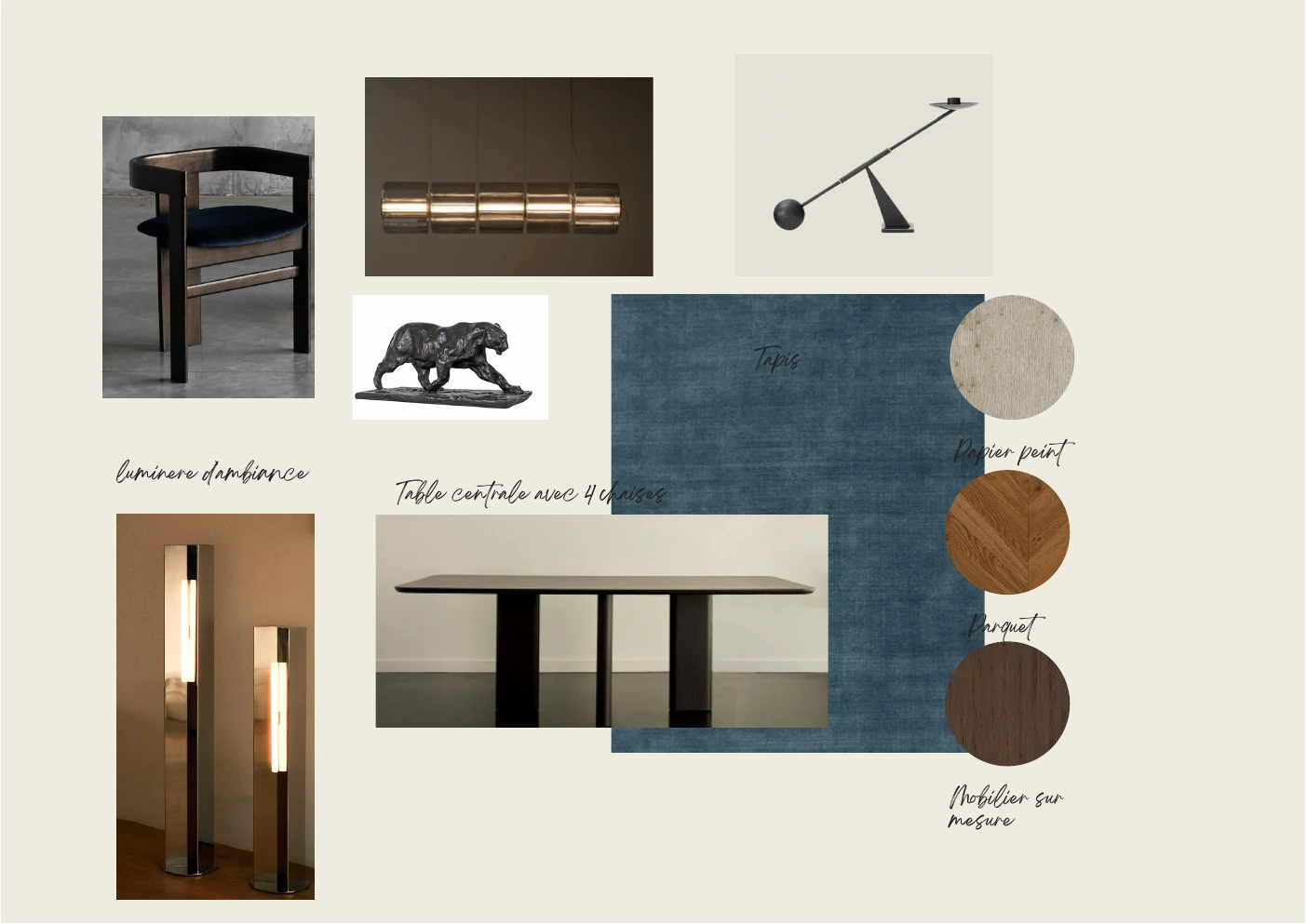 Moodboard du projet François 1er avec mobilier, luminaires et palette de matériaux