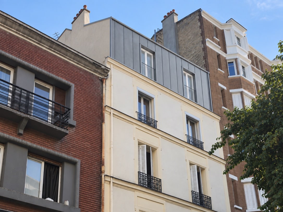 Surélévation en zinc d’un immeuble existant, projet Danton