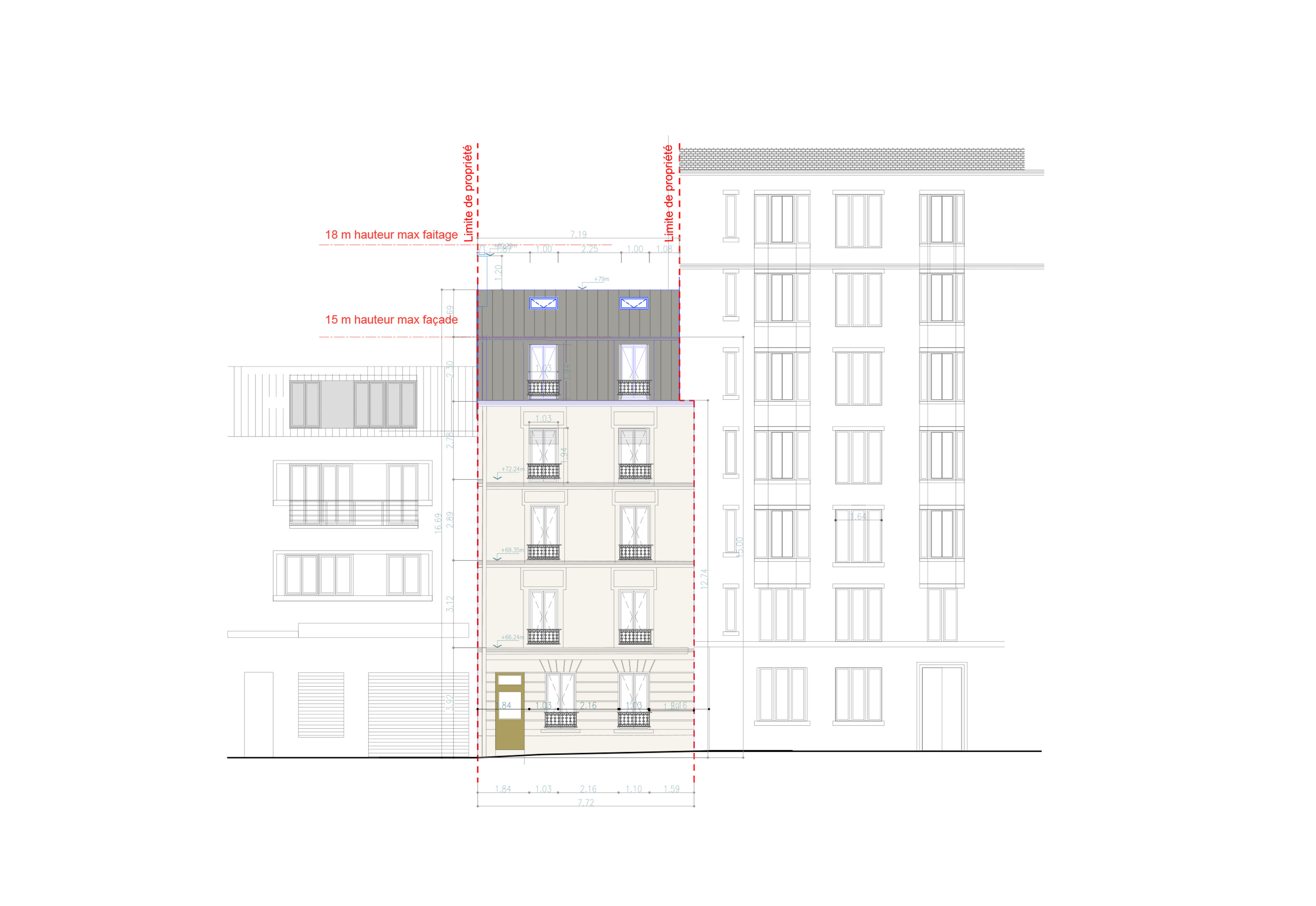 Élévation de façade montrant une surélévation, avec gabarit et limites de propriété
