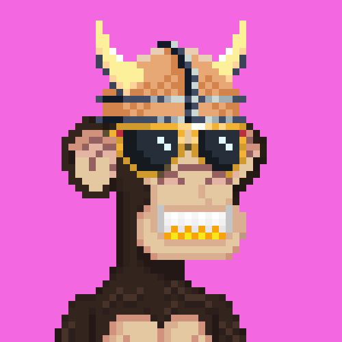 A pixelated Ape with a viking helmet wearing gold rim sunglasses and grinning with a gold grill at the lower teeth with a pink background.