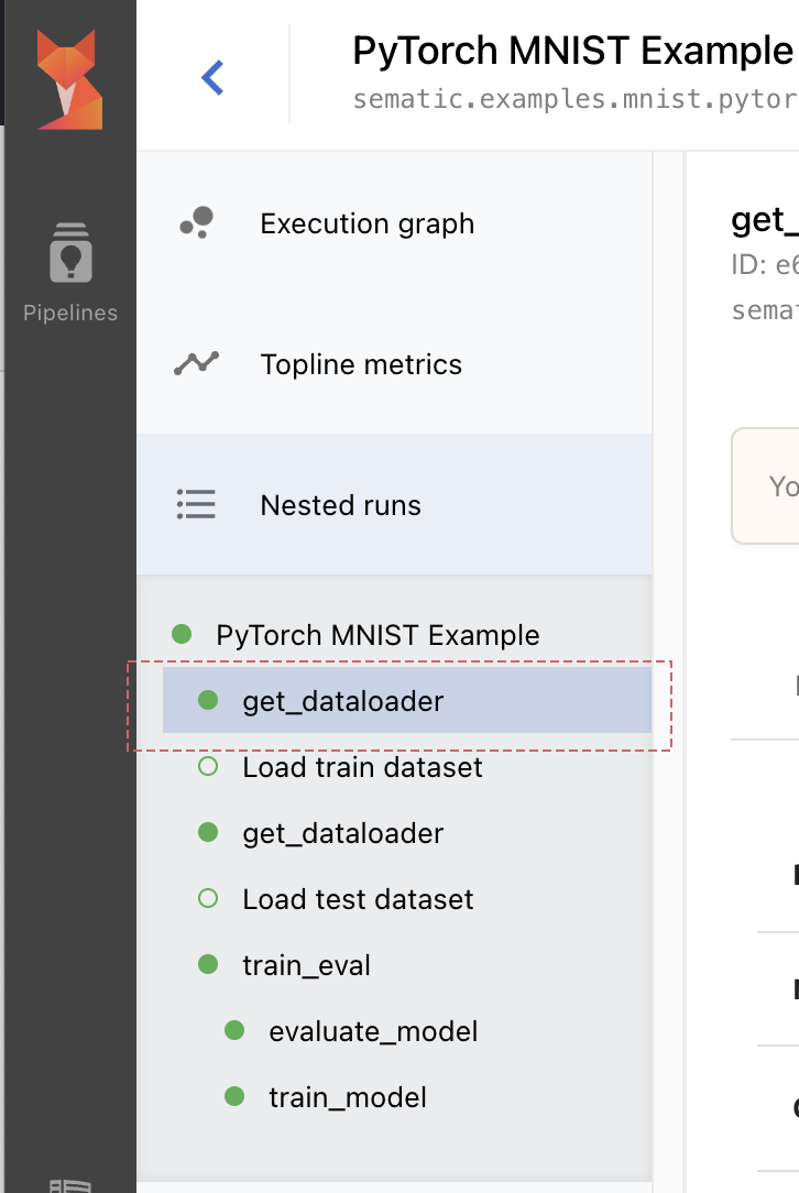 Selecting a nested run in the Sematic Dashboard