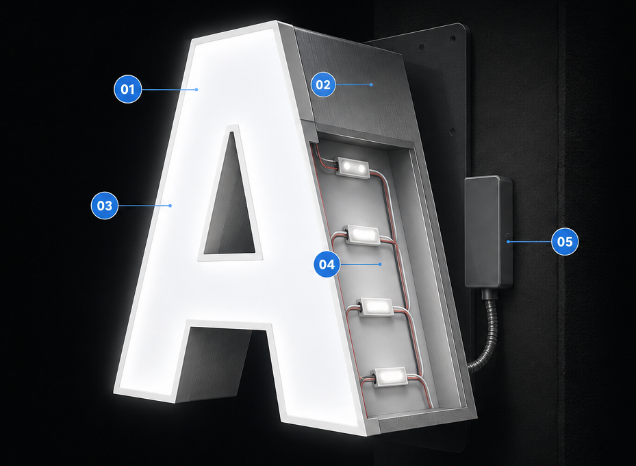 Cutaway of a front-lit channel letter showing the acrylic face, aluminum return, trim cap, LED modules, and remote power supply