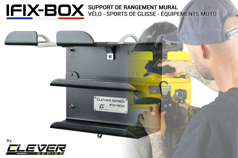 Découvrez IFIX-BOX, le support de rangement mural pour matériels et équipements de vélo, moto, glisse urbaine & neige.