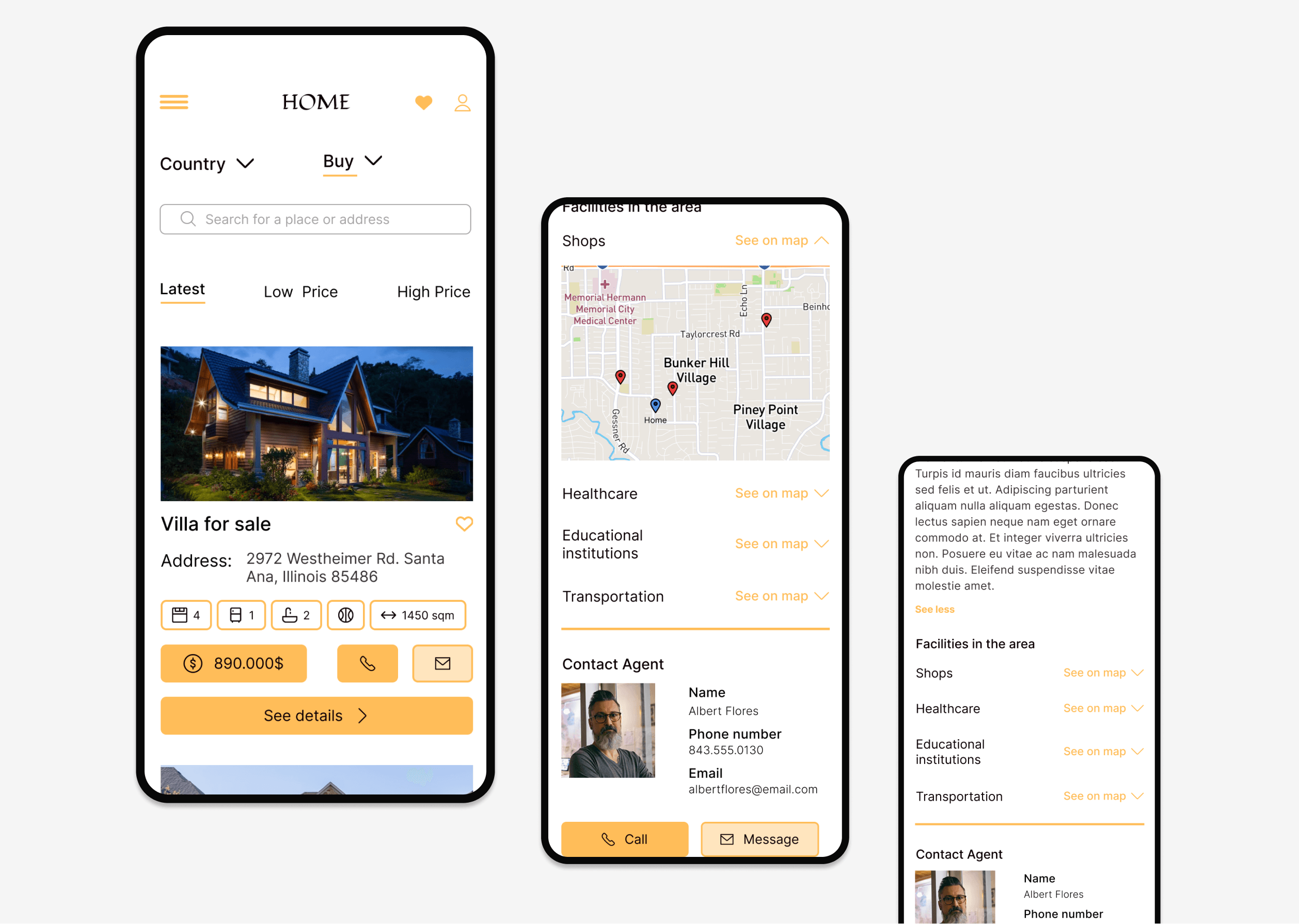 Screenshot of hi-fi wireframes for a renting app.