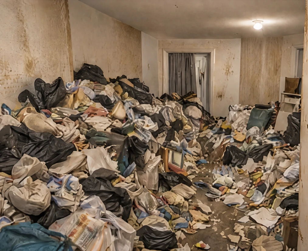 Pièce encombrée de sacs et d'objets avant un débarras