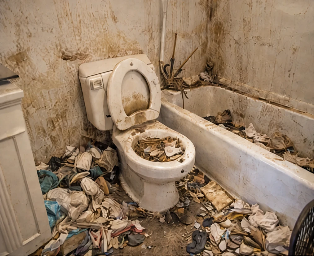Salle de bain très encombrée et sale avant un débarras
