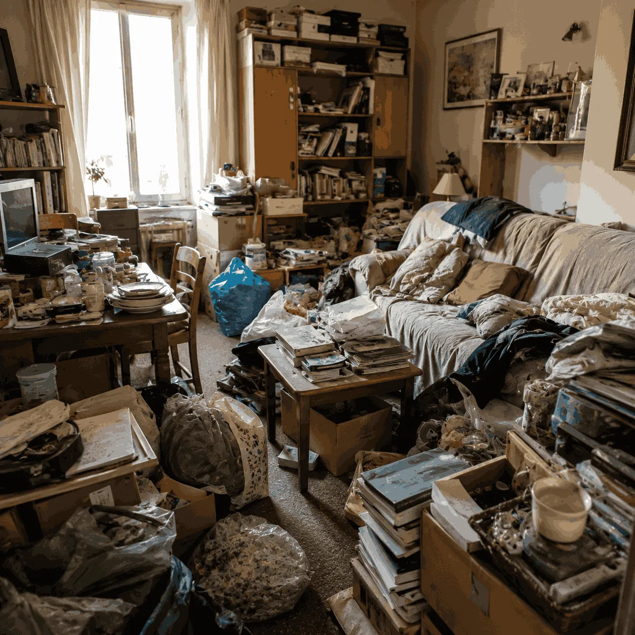Salon entièrement encombré avant un débarras de maison dans le Maine-et-Loire