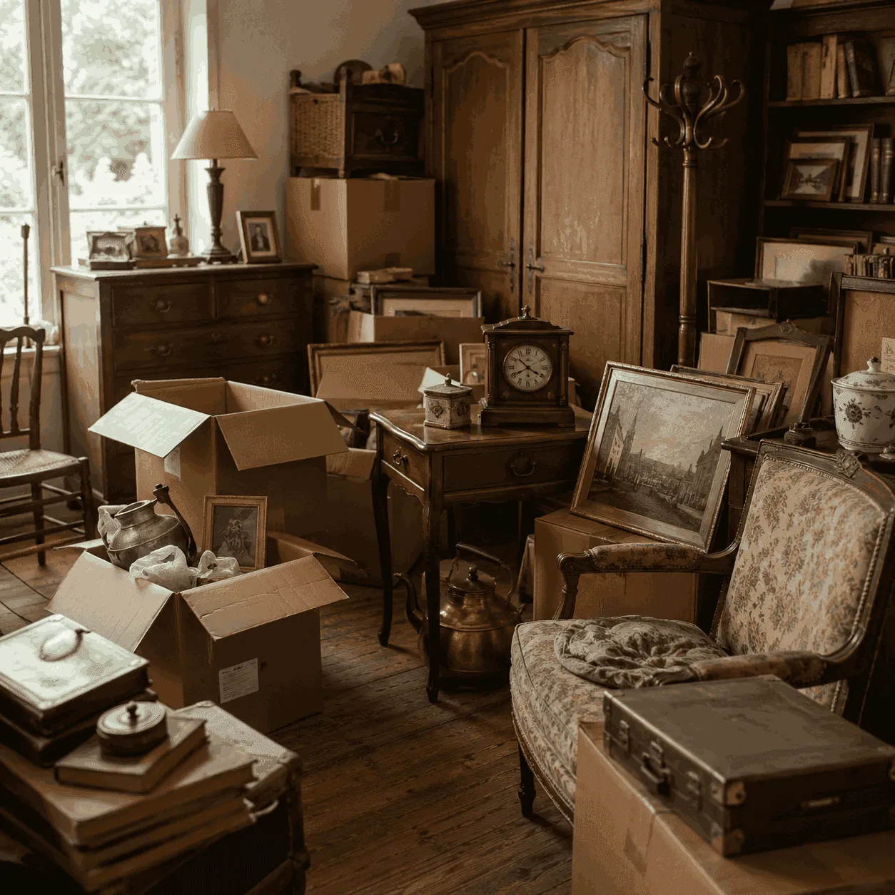 Mobilier ancien et cartons de tri lors d'un débarras de maison après succession