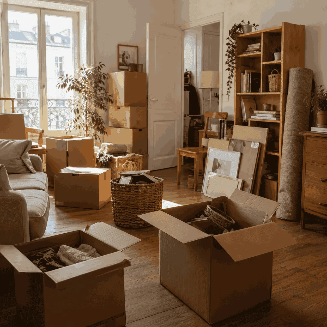 Salon avec cartons et meubles regroupés avant l'évacuation des encombrants à Angers