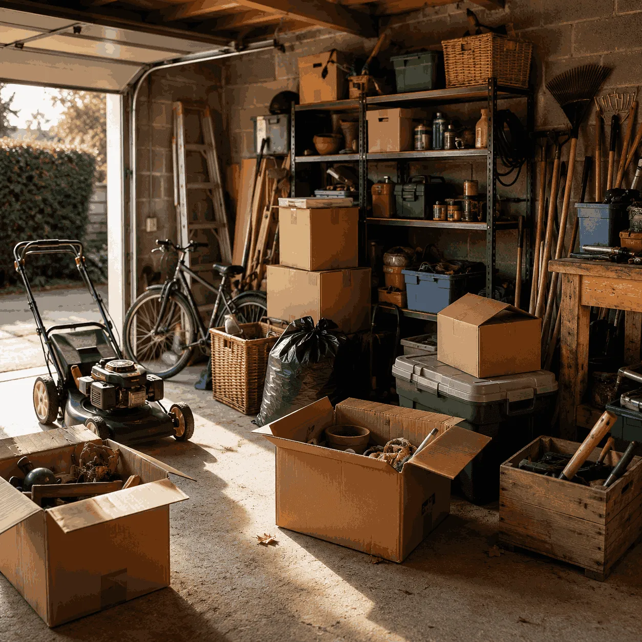 Garage encombré d'outillage, de meubles et de cartons avant un débarras