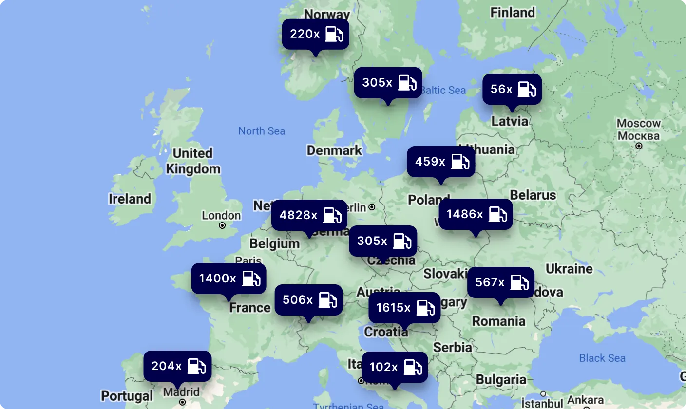 Mapa akceptačnej siete palivových kariet Eurowag v celej Európe.