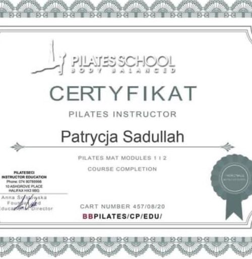zdjęcie certyfikatu instruktora pilatesu