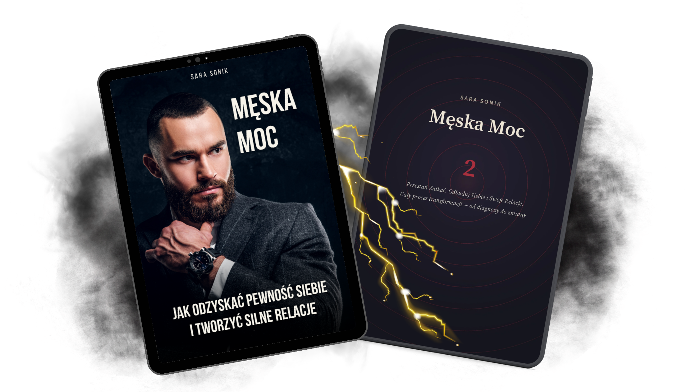 Widok dwóch e-booków Męska Moc 1 i męska moc 2 obok siebie, pośrodku złota błyskawica.