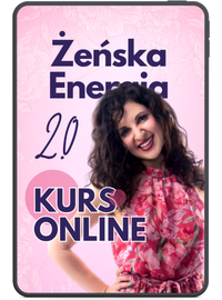 Smiling woman in pink floral dress with text 'Żeńska Energia 2.0 KURS ONLINE' on pink background.