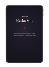 Dark tablet screen displaying 'Męska Moc 2' with Polish text below on transformation and change.