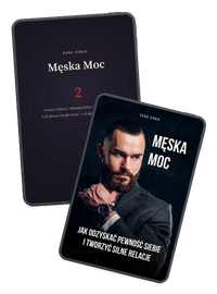 Two cards: one with title Męska Moc 2, the other shows a man and text about confidence and strong relationships.