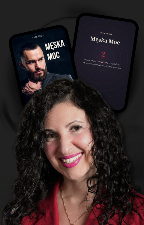 Smiling woman with curly hair below two cards titled Męska Moc by Sara Sonik, one with a bearded man.