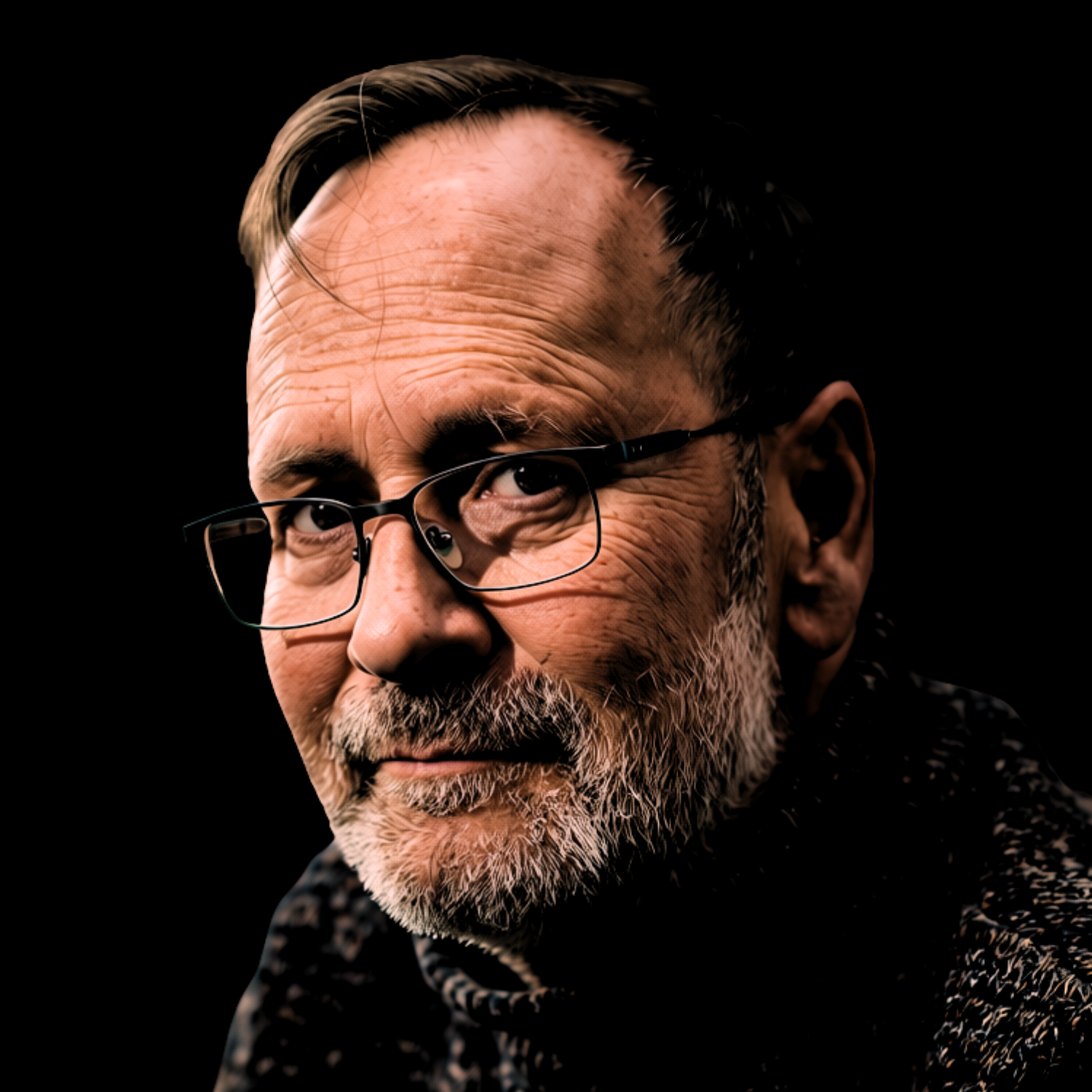 Close-up portrait of a bearded elderly man with glasses against a black background.