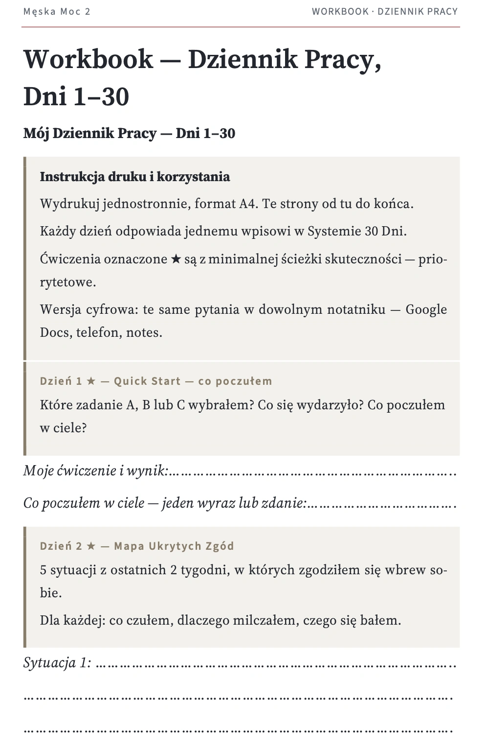 Workbook — Dziennik Pracy, Dni 1–30