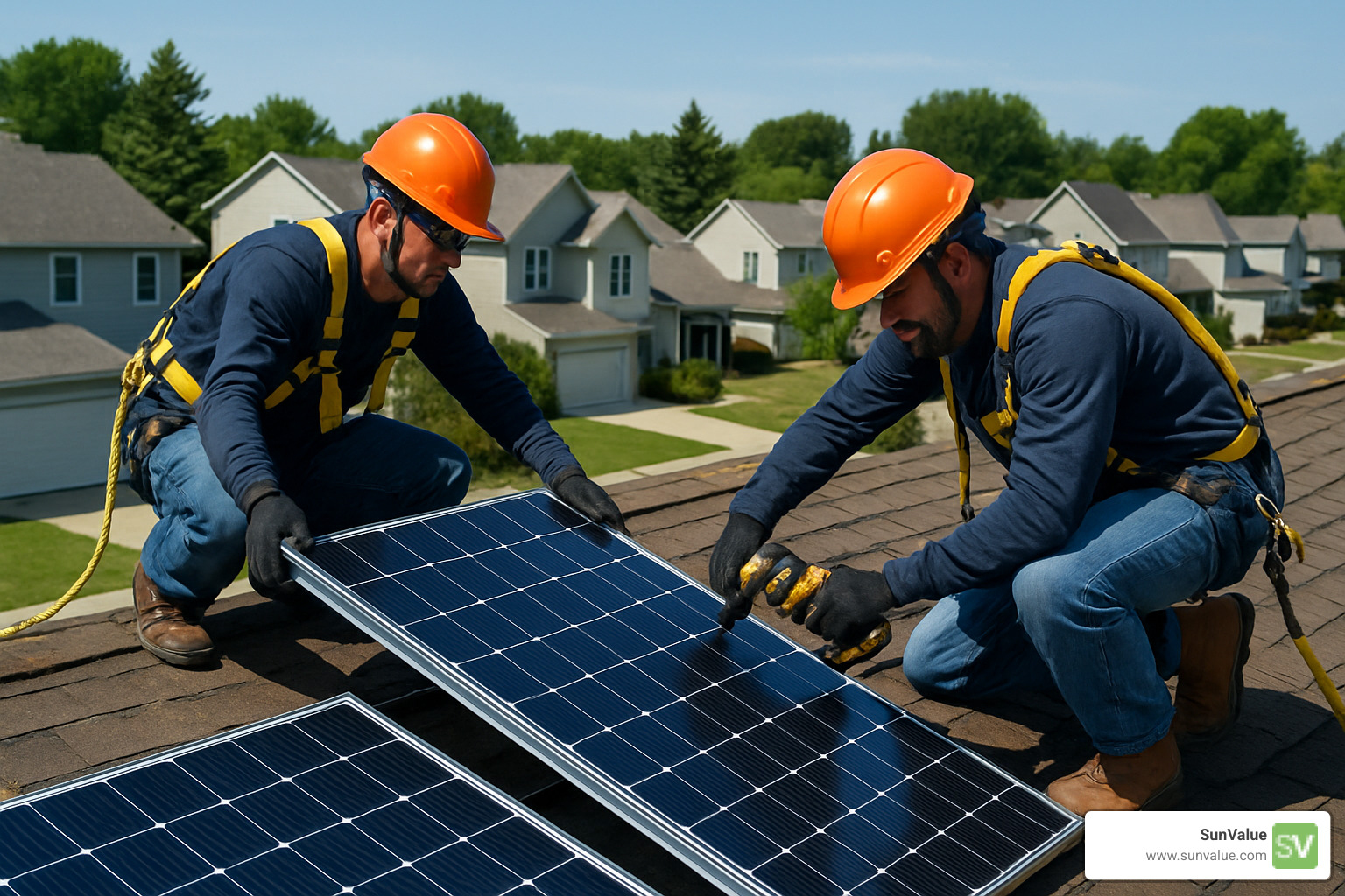 Workers mounting solar panels on residential roof with safety equipment and professional installation techniques - solar installer Workers mounting solar panels on residential roof with safety equipment and professional installation techniques - solar installer