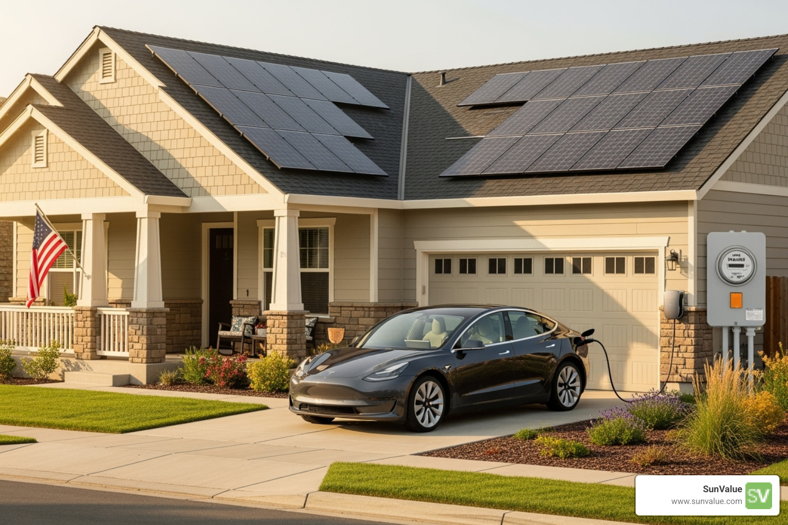 An electric vehicle charging at a home with solar panels, showcasing sustainable living. - solar panel payback period calculator