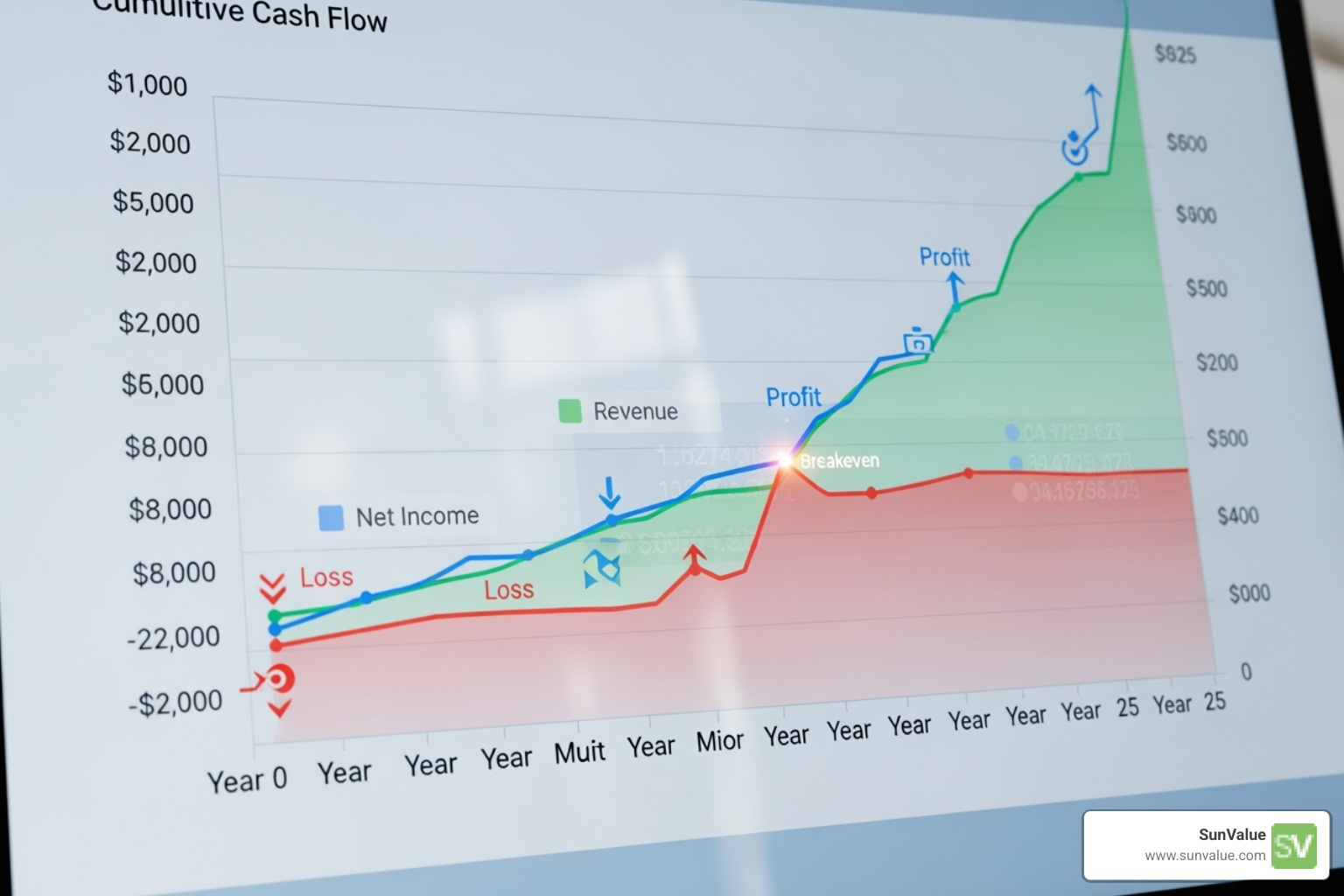 Sample solar calculator results screen showing payback years and lifetime savings, with a graph of cumulative cash flow over 25 years. - solar panel payback period calculator