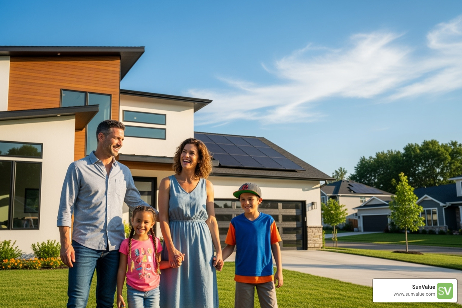 happy family in front of their solar-powered home - florida solar power incentives