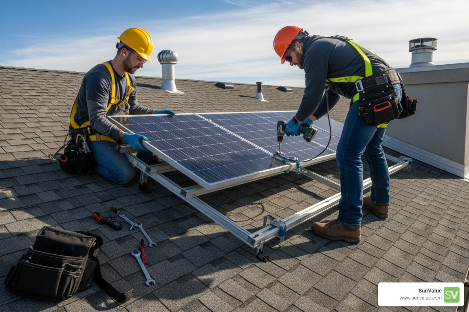 Professional installers on a roof securing a solar panel - how to use solar panels for home
