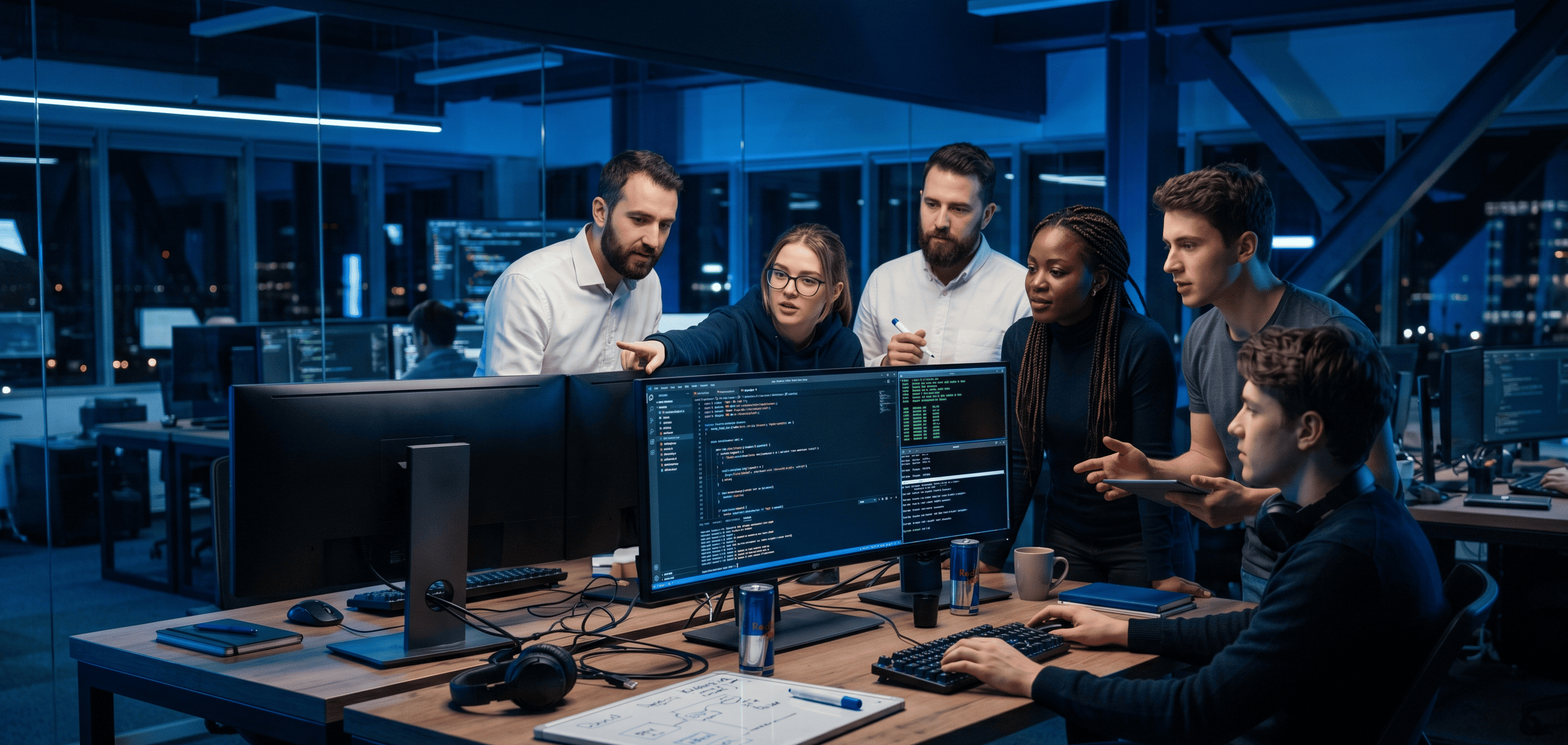 Technical Execution – development team collaborating around monitors with code on screen