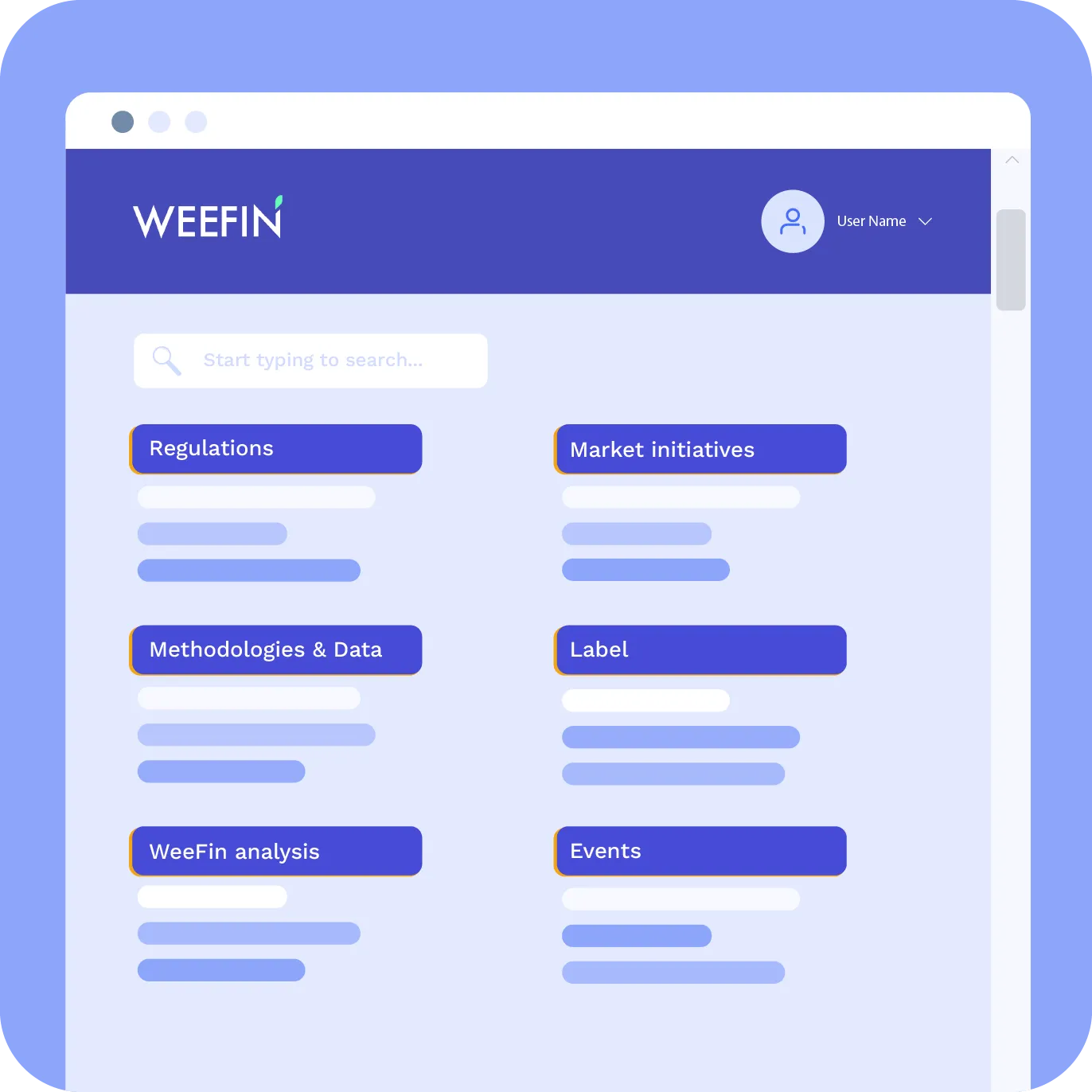 Page WEEFIN with sections Regulations, Market initiatives, Methodologies & Data, Label, analysis, and Events.