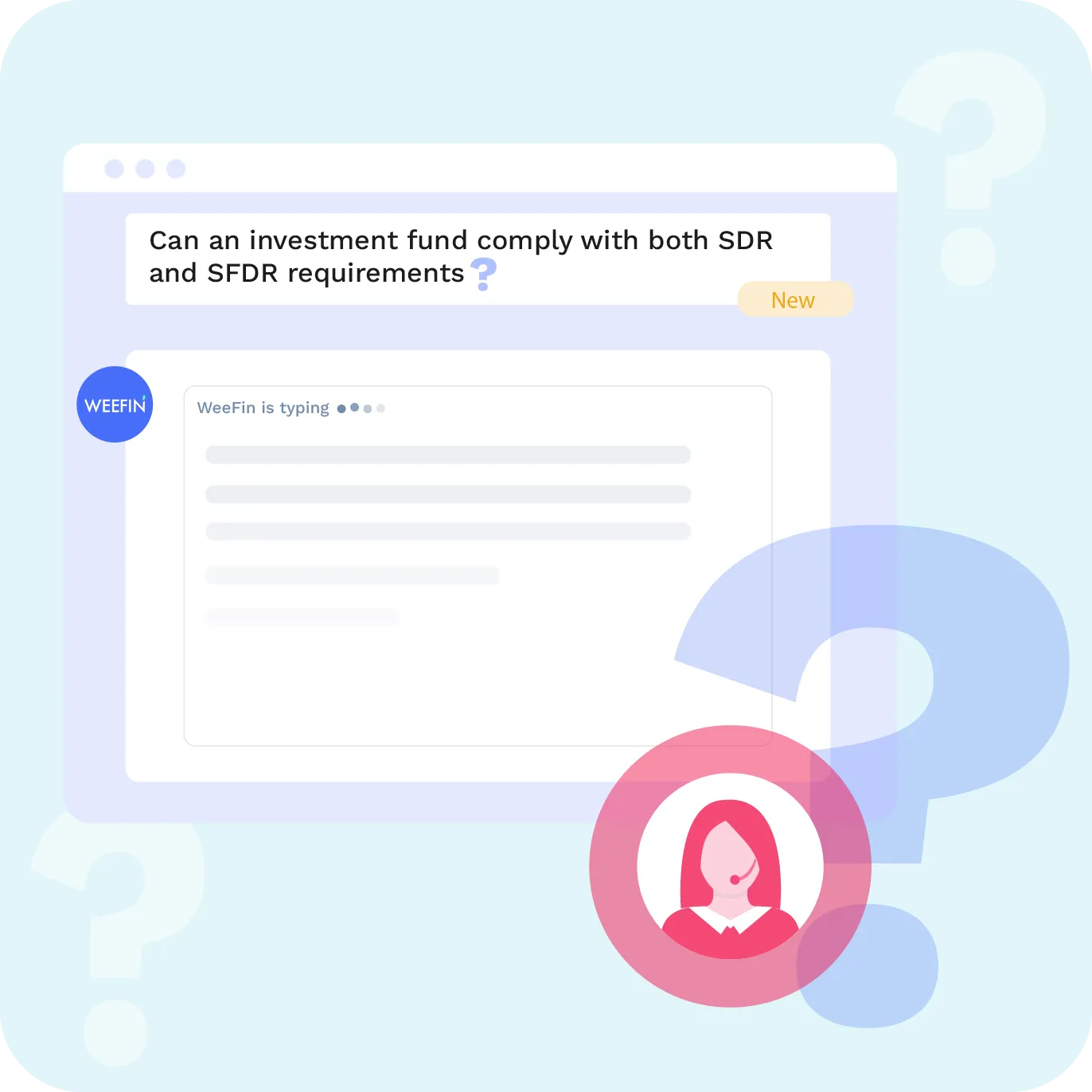 Interface de chat posant une question sur la conformité aux exigences SDR et SFDR d'un fonds d'investissement.