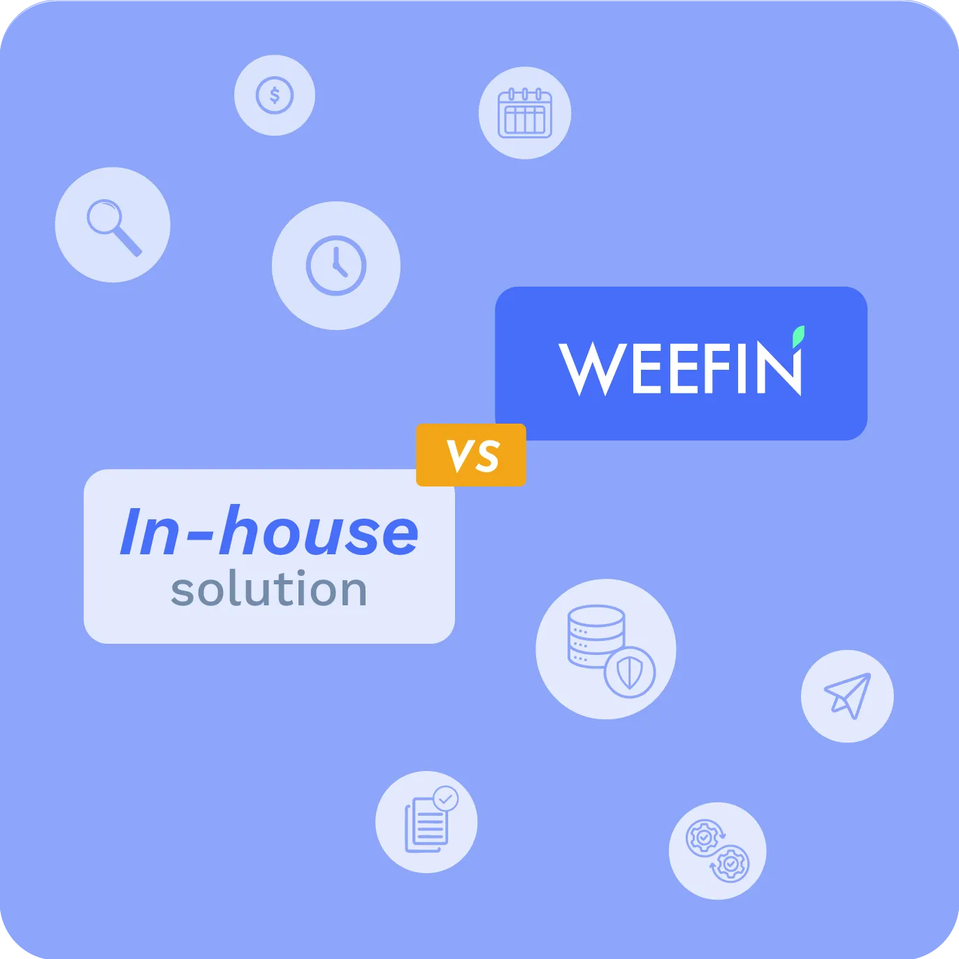 Comparaison entre solution interne et la plateforme WEEFIN avec icônes illustrant divers aspects.