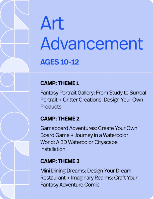 1 AM:  Bird-and-Flower Linear Drawing  Description:  Are you fond of bird-and-flower linear drawing of eastern claborate style? Would you like to try it on scratch paper? Please come over to join our CalColor Bird-and-flower linear drawing week-camp this summer! This week, you will learn the delicate line drawing skills inspired from traditional Chinese ink painting, and how to apply it by ink-pen on scratch paper. You will gain a great sense of achievement and satisfaction by this linear drawing experience. The fascinating  chromatic effects brought by the scratch paper will dramatically bloom your works!  You will also be introduced to the studied compositions from traditional Chinese painting and create your own layouts. We are expecting your enthusiasm and amazing artworks this summer!  Learning Objectives:  Observation skills:  You will be cultivated by careful and genuine observation of nature to discover subtle beauties, which will significantly enhance your visual sensibility.  Art Techniques Boost: Learn to craft precise, delicate lines using ink pens on scratch paper, mastering techniques that bring your drawings to life. Creative Inspirations: We will have art appreciations on traditional Chinese bird-and-flower ink paintings on its delicacy and sensitivity to read nature.  Application: Students will collect elements and compose various layouts to create chromatic linear drawings.    1 PM:  Portraiture Illustration with Multi-Medium Collage Description: Are you interested in drawing portraits for your families and friends? Are you intrigued by modern Collage art that explores and creates various textures? Then swing by to join our CalColor Portrait week-camp this summer! In this week, you will not only be acquainted with the fundamental human head and facial structure, but also learn the approaches to create beautiful textures to enrich and stunning your portrait art. We will involve acrylic painting techniques on mylar sheets, decorated with fantastic collage applications in the background. Several studies on multiple facial views will be guided in advance to enhance your comprehension of portraits. We are looking forward to seeing your creativity and passion this summer!   Learning Objectives:  Observation skills:  You will learn the analytical way to observe a human face by structural proportions and measurements. It will dramatically improve your drawing skills on accuracy.  Art Techniques Boost: Acrylic painting techniques on Mylar and skin tone color theories.  Creative Inspirations: We will have art appreciations on portrait masters both in history and contemporary. Application: Students will do studies and research in advance, choose references and multiple materials to create their exclusive artworks.   2 AM:  From Character to Creation: Design Your Own Product Line Description:  Ever wondered how to turn your own character into a real product? In this camp, students will start by designing their unique characters, exploring their personalities, backgrounds, and key design elements. Then, they’ll bring these characters to life through a range of product designs, including tote bags, snack packaging, keychains, and more. Along the way, they’ll master the basics of character design and learn how to transform their ideas into actual product packaging, experiencing the entire design process from start to finish.   Learning Objectives:  Art Techniques Boost: Design unique characters using markers, watercolors, and colored pencils to enhance personality and story. Creative Inspirations: Apply character designs to products like tote bags, snack packaging, and keychains. Application: Turn creative ideas into functional, visually appealing designs with hands-on packaging experience. Material Exploration & Creation: Experiment with materials and techniques to bring designs to life.   2 PM:  The Opposite Landscapes Acrylic & Charcoal Art Description:  Landscapes are full of emotions. Think about landscapes in different views with conflict color schemes and feelings: They can be an idealism eden versusing a pathetic polluted world; a golden field radiating the rays of the summer sun against a gloomy cityscape; a vivid national park in front of you contracting the same scene in an old black-and-white photo. In this camp, we will explore the possibilities of landscapes by combining two opposite scenes in one accordion installation, with a colorful painting on one side and a monochronic drawing on the other. Students will learn acrylic painting and charcoal drawing skills, as well as a new art form: installation.  Learning Objectives:  Observation skills:   students will learn how to observe the layers, values and colors of landscapes and their emotional representation, which is to say, an ability of “observe with both your eyes and heart” Art Techniques Boost:  acrylic and charcoal/charcoal pencil techniques such as layering, blending, hatching, and blocking will be talked about Creative Inspirations: this project will encourage students to combine landscape with their subjective point of view and to create art showing both observational and emotional meanings Application: we will create a 3 dimensional art with one side as colorful painting and the other side black-and-white drawing; students will go over all the processes such as brainstorm, research, use references, thumbnails, drawing and painting under teacher supervision.   3 AM:  Deep in the Forest  Watercolor Illustration Description:  Who is there in the deep, quiet, balmy forest, just hidden behind layers of leaves, bushes, ferns and vines? This week we will create your secret forest with a very interesting 3D watercolor art with illustrational style. You may choose to do a forest of tropical trees, cactus or even plants under the sea! In this project we will learn color theories such as tones, supplementary and analogous colors; composition and focal points; observing, drawing, layering and detailing skills; as well as watercolor techniques.  Learning Objectives:  Observation skills:   students will learn how to observe the details of leaves, bushes and other plants as well as drawing and detailing them in an advanced level  Art Techniques Boost:  students will learn color theories, compositional knowledge, watercolor techniques and 3d art techniques Creative Inspirations: with all the observational skills we learn, students will create a new scene with harmonious color combinations and 3d effect Application: teacher will inspire students to imagine about their dream forest/garden and with the guidance and demonstration, students will create their own quiet corner with unique composition and color tones.   3 PM:  From Imagination to Your Own Storybook Description:  What if your child could transform their ideas into an extraordinary adventure book? In this 5-day camp, students will design and illustrate their own journey, starting with creative maps that chart fantastical travels to exciting destinations. They’ll explore how to bring their adventures to life with vibrant transportation scenes and captivating landscapes, all while learning essential art techniques like perspective, composition, and marker coloring. By the end of the camp, students will have a beautifully crafted, personalized adventure book to take home—a unique blend of creativity, storytelling, and hands-on design.  Learning Objectives:  Art Techniques Boost: Learn essential drawing skills like perspective, composition, and marker coloring to create vibrant illustrations. Creative Inspirations: Design unique maps and develop imaginative story ideas, exploring adventurous journeys. Application: Bring characters, transportation, and landscapes together, crafting a seamless narrative through art. Book Design & Creation: Turn your artwork into a personalized storybook—craft, bind, and design a professional-quality book with a custom cover.