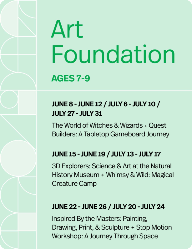 Camp Theme 1  AM: Growing Wonders: Stop Motion Animation  Description: Growth is beautiful—like a caterpillar becoming a butterfly or Jack’s bean sprouting into a towering tree. It’s a journey of care, change, and reward. In this camp, kids will create a unique scene showcasing a growing creature going through stages of transformation. They will learn character design and facial expressions to bring their story to life, assembling story elements with multiple layers and using a stop-motion app to animate their scenes. This camp captures all the essential steps of an animator’s work—character design, storytelling, scene creation, and software application. Kids will dive into a busy yet rewarding week, creating their own animated masterpiece!  Learning Objectives: Learn stop-motion app techniques, photography, and editing. Explore storytelling through animation. Enhance drawing, painting, and sculpting skills. Develop multimedia techniques using acrylic paints, watercolors, air-dry clay, markers, and craft materials.   Camp Theme 1  PM: Dream Café: Sweet Product Design Art  Description: Have you ever dreamed of running your own café, filled with colorful treats and playful designs? Here’s your chance to turn that dream into reality! In this camp, little product designers will sculpt and decorate one-of-a-kind cupcakes using wet clay, craft miniature foods like cakes, sushi, and pizzas with air-dry clay, and design a semi-3D boba drink featuring playful animals and tiny bobas in a transparent cup. They will also create a snack bag inspired by their favorite snacks and characters. Through fun, hands-on projects, kids will develop a product design toolkit, mastering concept creation, material selection, sculpting techniques, and visual storytelling.  Learning Objectives: Explore product design concepts and techniques. Enhance sketching, painting, and sculpting skills. Draw inspiration from pop art and culture. Gain hands-on experience with creative projects.    Camp Theme 2 AM: Timeless Fun: Masterpiece Meets Pop Culture  Description: We are all part of pop culture, just as we are all members of history. In this camp, young artists will explore the exciting intersection of art history and modern pop culture. They will paint their favorite characters swimming in Monet’s water lily pond, explore Rene Magritte’s use of positive and negative spaces with beloved animations, and redesign their own melting clocks using air-dry clay inspired by Salvador Dalí. With a dash of pop culture flair, learning art history will never be dull. Discover inspiration and passion from both history and modernity!  Learning Objectives: Develop acrylic painting techniques. Appreciate and explore contemporary art. Foster creative thinking and self-expression in fine art.    Camp Theme 2 PM: Board Game Creators: Design, Draw, and Play  Description: The world of game design is booming, and now it’s your turn to become a game designer! In this camp, kids will choose a theme that sparks their creativity—pirates, fantasy, space, or anything they love. They will design custom characters to use as game pawns, build a pop-up game board to navigate players through their creation, and create a poster to promote their game, practicing visual storytelling and presentation skills. Kids will discover the fundamentals of game design, including storytelling, character creation, visual layout, and gameplay mechanics. They’ll gain skills in problem-solving, teamwork, and creative thinking.  Learning Objectives: Develop problem-solving skills by creating game rules and mechanisms. Foster creative thinking through design and storytelling. Practice sketching and painting techniques. Build collaboration and communication skills.     Camp Theme 3 AM: Museum Tour: Build Your Own Gallery in a Book  Description: What if you could design your very own art museum, filled with masterpieces created by YOU? In this camp, young artists will create a beautifully crafted, interactive book that serves as a virtual museum. They will design a semi-3D book cover showcasing the grand doors of a museum and its visitors. Inside, they will create gallery rooms inspired by Jackson Pollock, Yayoi Kusama, and Greek Pottery, infusing their unique creative flair into every piece. By binding the pages together, kids will bring their museum to life and take home a one-of-a-kind book filled with culture and creativity.   Learning Objectives: Foster creativity and imagination through masterpiece-inspired projects. Explore storytelling through interactive book design. Develop hands-on skills in painting, collaging, and bookbinding. Strengthen focus and project completion skills with a unique handmade book.     Camp Theme 3 PM: Dino Discovery: Art and Science Adventure  Description: Have you ever dreamed of being an archaeologist, unearthing dinosaur fossils and exploring ancient landscapes? In this camp, kids will sculpt a dinosaur skull fossil using wet clay, learning about the structure of prehistoric creatures. They will build a 3D dinosaur habitat complete with volcanoes, rivers, trees, and clay dinosaurs, and paint a vibrant, detailed dinosaur portrait with acrylics, adding a colorful and shiny touch to their masterpiece. This camp combines art and science to give kids a deeper appreciation for the prehistoric world. Come and join us for a creative and educational adventure!  Learning Objectives: Combine art with science through interdisciplinary learning. Develop creativity and storytelling abilities. Study and practice sketching, painting, and sculpting techniques.