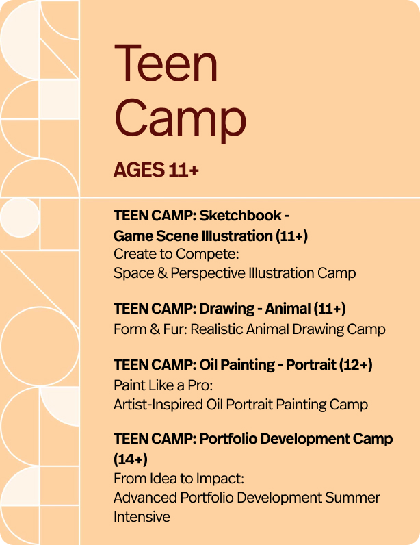 Painting Capturing Essence: A Journey Through Portraits and Still Life Description:  Mirrors in art often serve as symbols of self-awareness, introspection, or the gap between internal perception and external reality. This painting project merges the tradition of still life with self-portraiture. The composition focuses on a collection of everyday objects carefully arranged to improve composition and meanings. Students will depict them with attention to structure, texture and details, polishing their modeling and rendering skills. At the core of the piece, however, is the reflective element: their self-portrait, not directly presented in the form of a figure in the foreground, but rather reflected in a mirror that is placed among the still life objects, creating an indirect interaction with the viewer as subtle dialogue between self and surroundings. In the meanwhile, the human facial structure will be reviewed and practiced.  (We will set up real still lifes to have the students paint from live, based on their genuine and direct observation.)  Reference artists: Edwin Dickinson, Lennart Anderson, Konstantin Somov.    Learning Objectives:  Oil Painting Skills: Master structure, brushwork, and simplification by breaking subjects into basic shapes. Composition & Focus: Create balance with focal points, organic and geometric forms, and the rule of thirds. Color & Value: Learn color mixing, and understand the relationship between light, shadow, and color. Artist Inspiration: Study masterworks to refine techniques and gain new insights.      Drawing Global Sculpture: Draw, Collage, Create Description:  Have you ever wondered how ancient sculptures from all around the world tell their stories? From the simplicity of Egyptian statues to the perfection of western classical sculptures, this camp will take you through a journey of time and culture! In this camp, no matter if you are experienced or just a beginner, we will get inspiration from traditional sculptures of different countries. Together we will draw and shade ancient sculptures, capturing their forms, textures and details. Explore diverse styles, from minimalism to realism; And create a mixed-media Collage that combines drawing and dynamic composition. Artworks finished in this camp can be used in your future art contests or portfolios.  Learning Objectives:  Drawing Techniques: Master techniques for depicting 3D forms in still life and portraiture with depth and realism. Composition Skills: Design visually striking collages while learning the principles of effective composition. Art Appreciation & Cultural Exploration: Explore traditional art styles, their cultural significance, and the stories behind them.    Sketchbook Create to Compete: Illustration Workshop Description:  Would you like to experience the process of creating illustrations that transition from traditional hand-drawing to digital painting this summer? Do you want to create a masterpiece worthy of entering competitions? Join our CalColor Traditional and Digital Illustration Summer Camp! During this week, you’ll learn the complete creative process: from conceptual sketching, traditional ink line drawing, and watercolor rendering on paper, to advanced digital techniques for refining and completing your artwork. This unique experience will provide you with a great sense of achievement and satisfaction. The combination of hand-drawing and digital painting will elevate your artwork with stunning visual effects! We look forward to seeing your passion and brilliant creations this summer!  Learning Objectives:  Sketching and Drafting Skills Improvement: Enhance students’ ability to quickly sketch figures and scenes while focusing on dynamic poses, perspective, and spatial relationships. Students will also learn to draft effective compositions as a foundation for their illustration projects. Illustration Creation Skills Development: Through learning and experiencing the illustration process, students will master composition, line drawing, coloring, and more, enabling them to independently create a piece of art ready for competition. Digital Art Technique Enhancement: Learn how to use digital painting techniques on an iPad, including working with layers, coloring, and adding lighting effects to make your artwork truly shine.