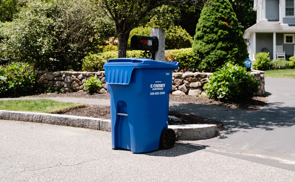Trash totes placed on the side of a curb