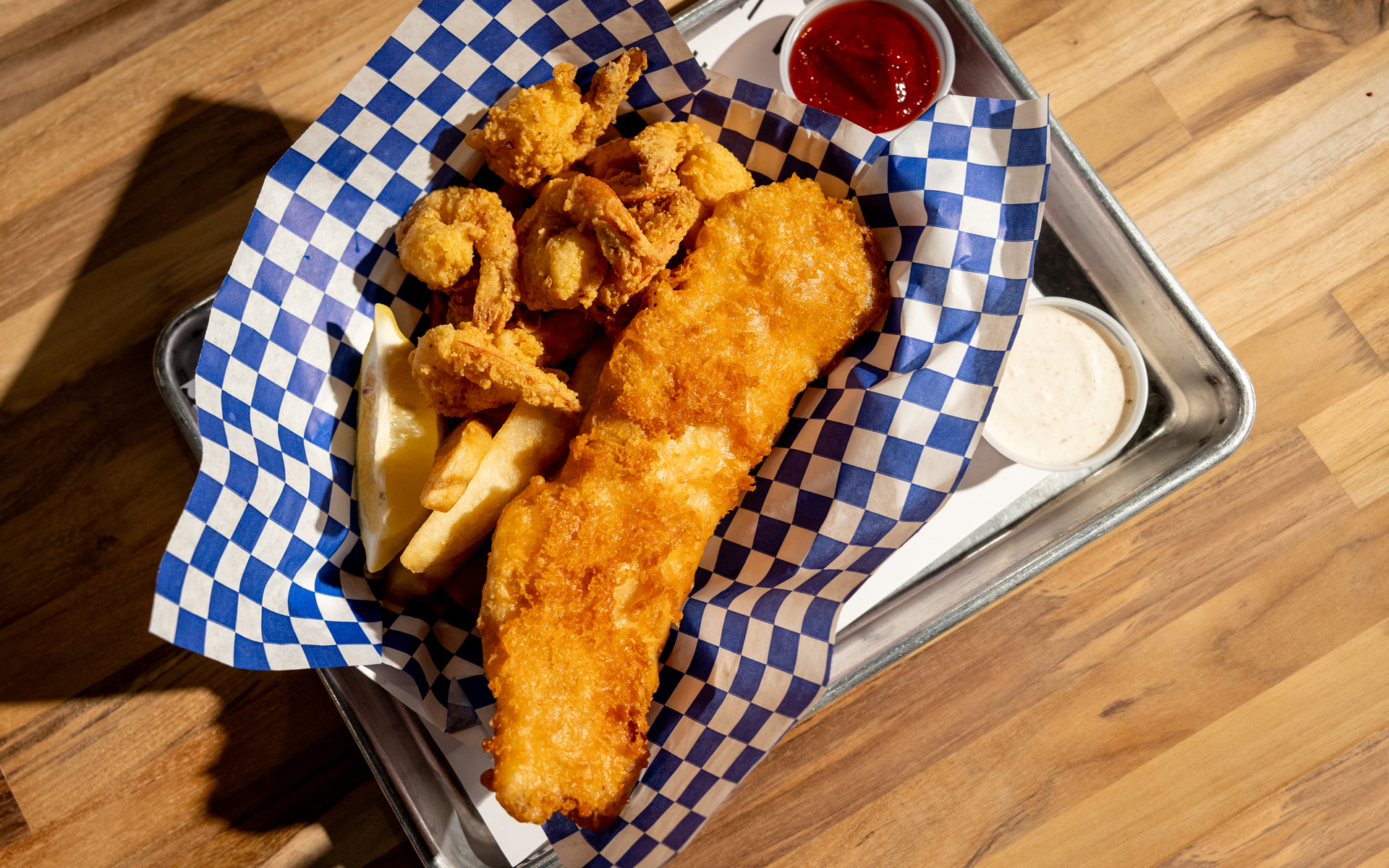 Tray of battered fish and shrimp