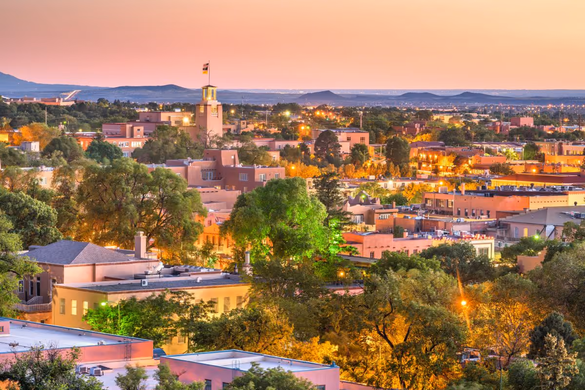 Aerial view of downtown Santa Fe at dusk
