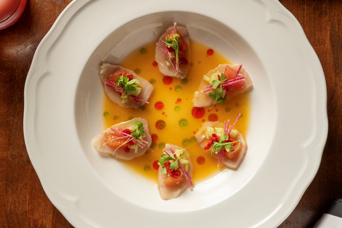 White dish with hamachi